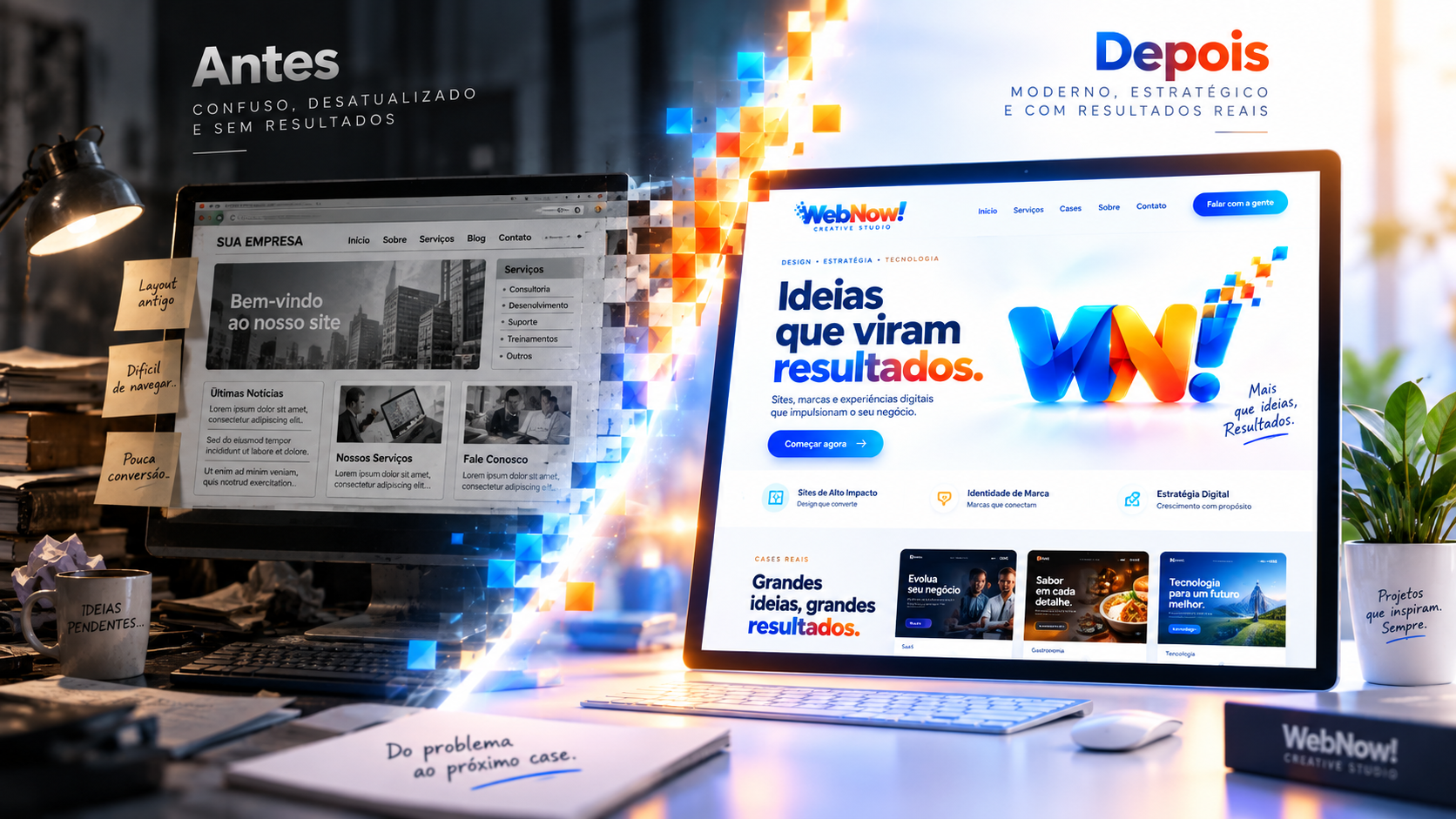 Conceito visual de transformação de site antigo para experiência digital moderna WebNow